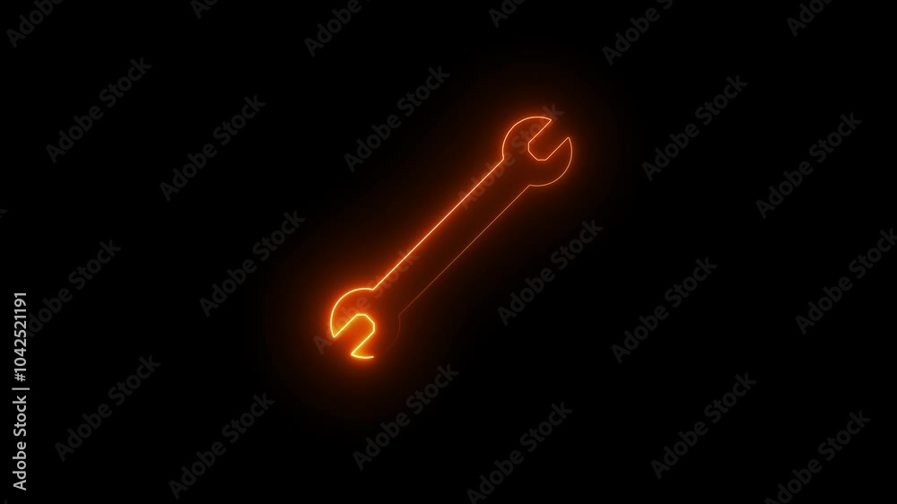 Abstract brown color glowing neon wrench icon looping animation on black background