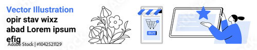 Stylized flowers, shopping cart symbol on a store sign, and a person interacting with a star rating on a tablet. Ideal for ecommerce, customer reviews, online shopping, product rating, digital