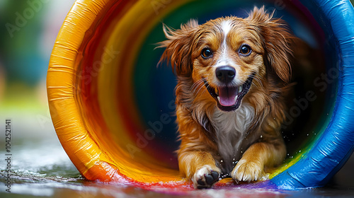 Happy dog playing in a colo...