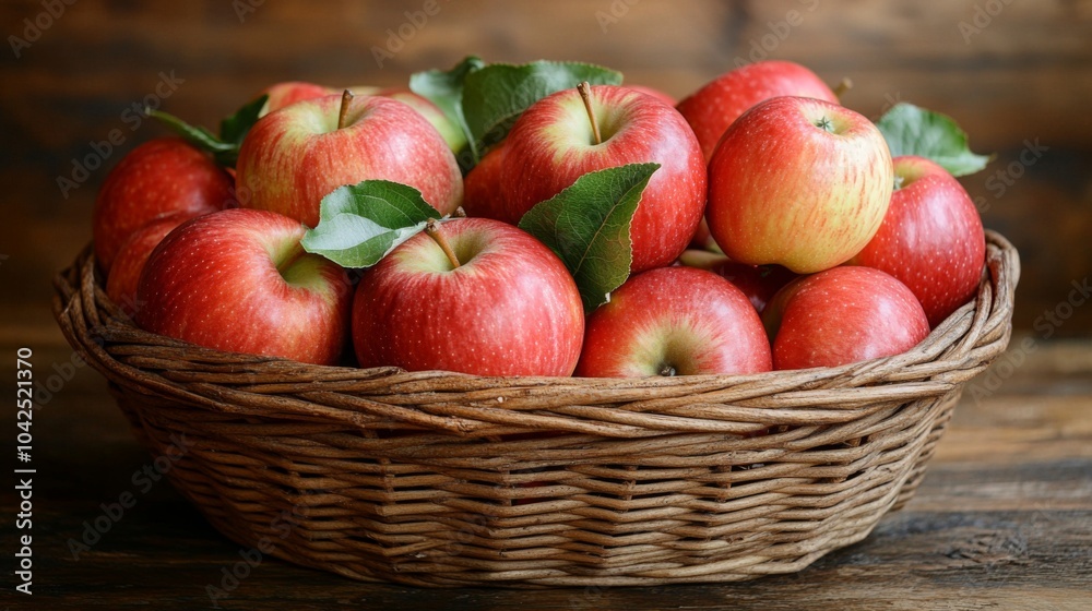 A wicker basket overflowing with red and yellow apples A wicker basket overflowing with red and yellow apples
