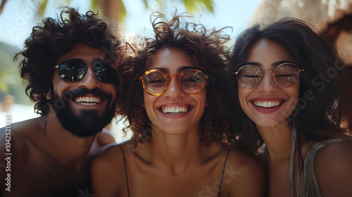 Three smiling friends enjoy...