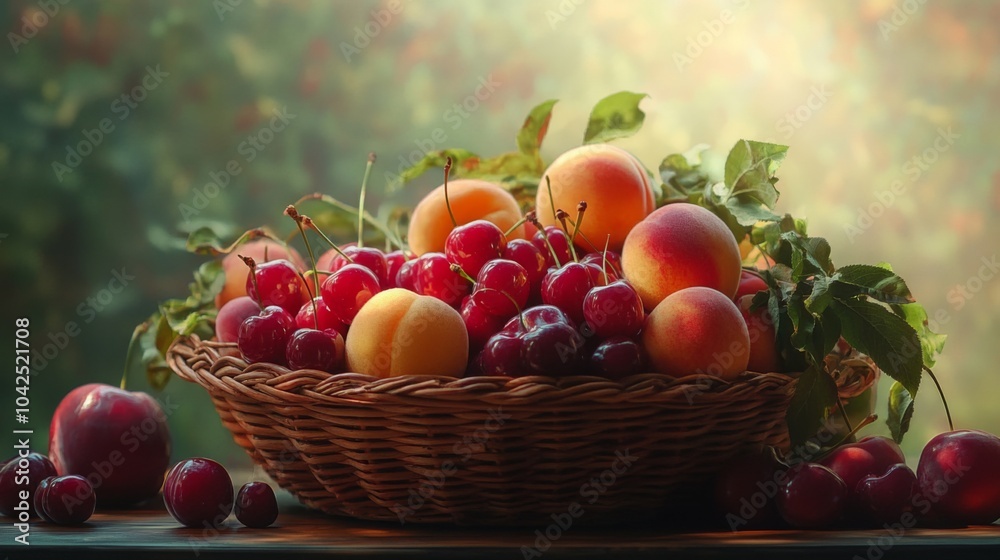 A wicker basket overflowing with ripe peaches and cherries A wicker basket overflowing with ripe peaches and cherries
