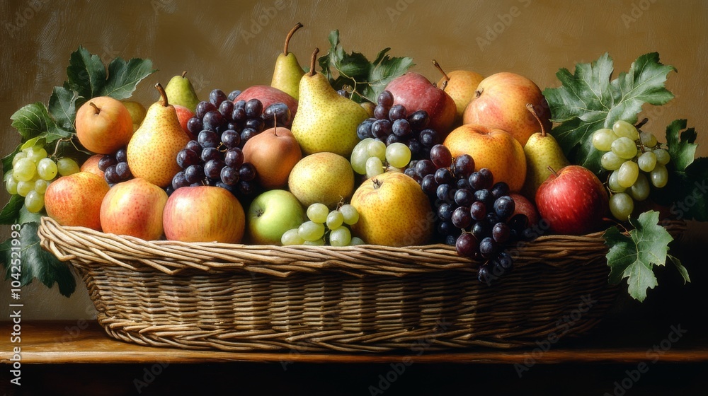 A Wicker Basket Filled with Pears, Apples, and Grapes A Wicker Basket Filled with Pears, Apples, and Grapes