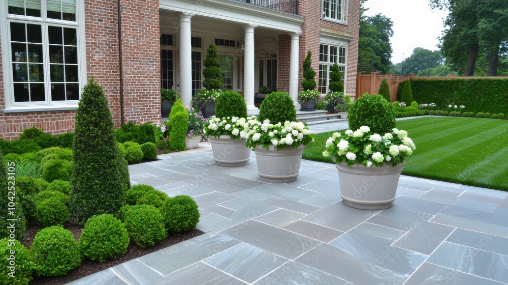 Fototapeta premium Elegant Garden Landscape with Stone Patio and Planters