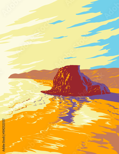 WPA poster art of Lion Rock on Piha Beach in the Waitakere Ranges area of Auckland Region of the North Island of New Zealand done in works project administration or federal art project style.
