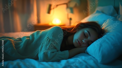 Woman Sleeping Peacefully in Bed with Blue and Orange Lighting photo