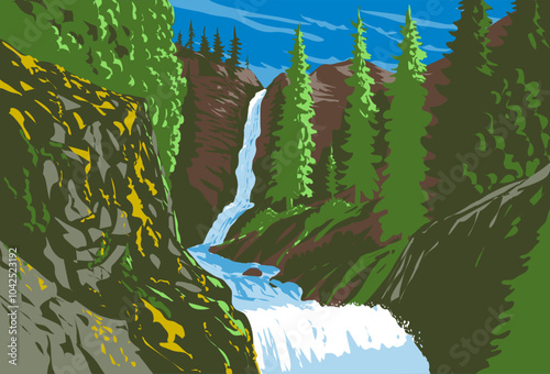 WPA poster art of Rainbow Falls on Rainbow Creek located inside Lake Chelan National Recreation Area in North Cascades National Park, state of Washington USA done in works project administration.
