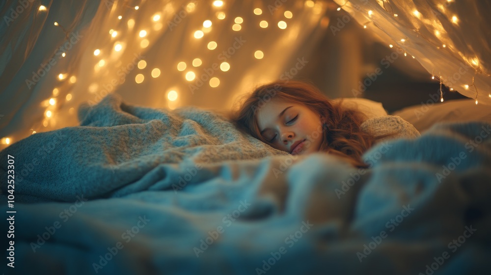 Obraz premium Young Girl Asleep in a Bed with Fairy Lights