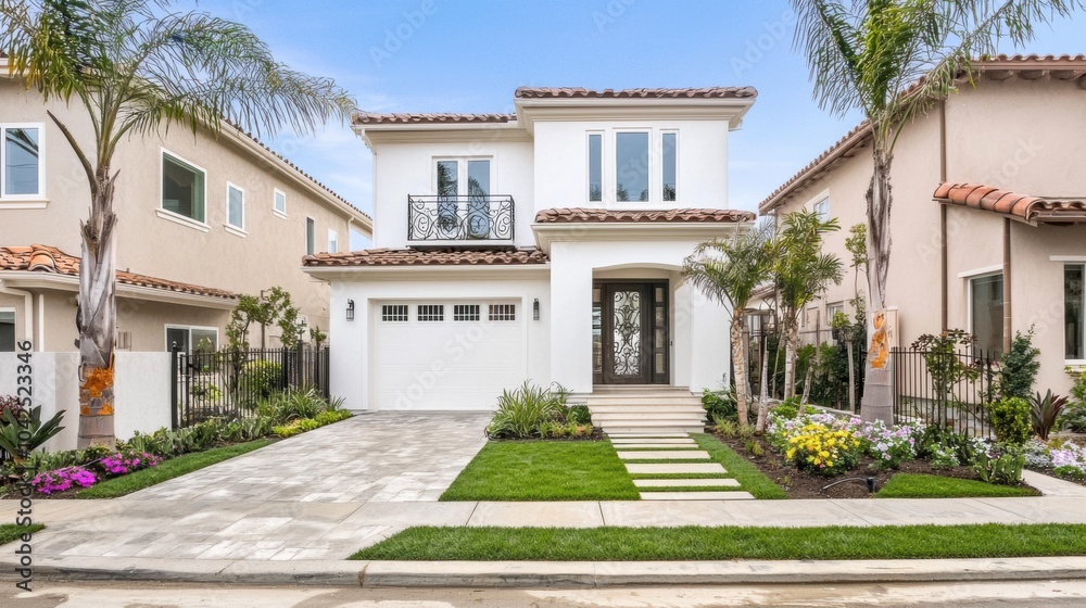 Fototapeta premium Modern Home with Lush Landscaping and Palm Trees
