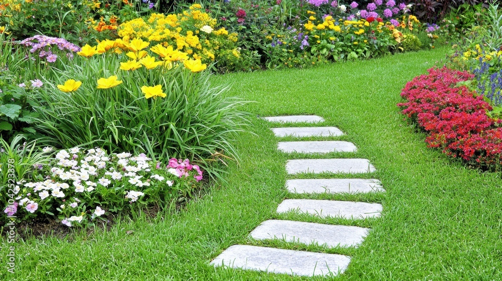 Obraz premium Beautiful Garden Pathway Surrounded by Colorful Flowers