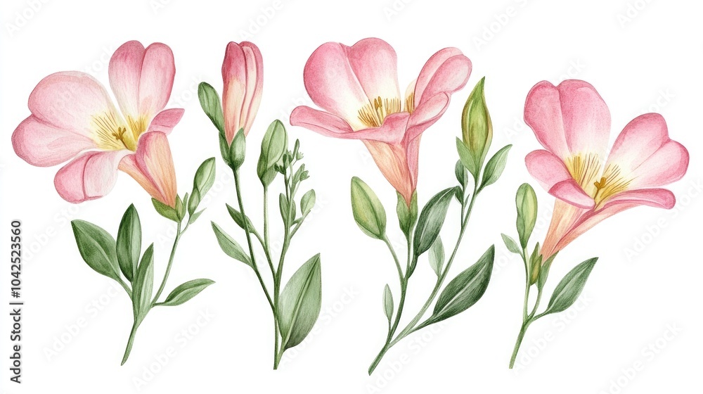 Pink freesia flowers buds and leaves Hand drawn watercolor illustration of garden flowers Summer floral design suitable for invitations cards textiles and packaging Pink freesia flowers buds and leaves Hand drawn watercolor illustration of garden flowers Summer floral design suitable for invitations cards textiles and packaging