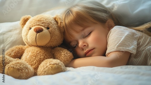 A Young Girl Sleeping Peacefully in Bed with a Teddy Bear