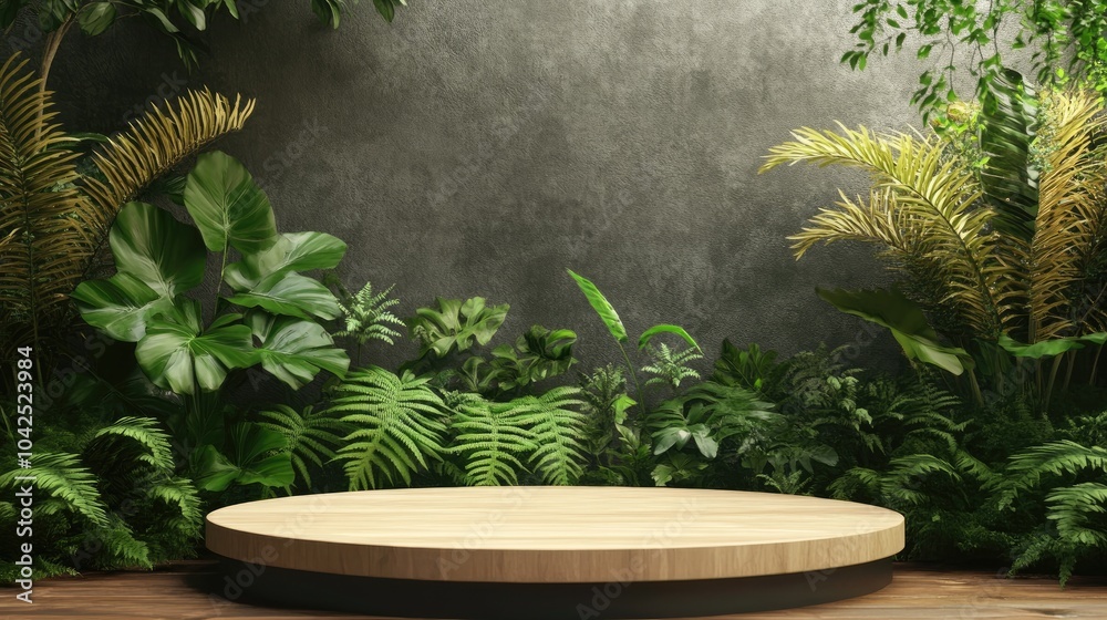 Natural podium backdrop featuring a summer fern garden scene for product presentation 3D rendering Natural podium backdrop featuring a summer fern garden scene for product presentation 3D rendering