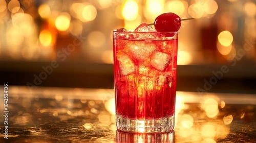 A tall glass filled with ice and red liquid topped with a maraschino cherry. photo