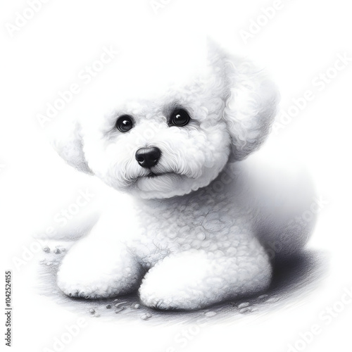 흰 배경, 비숑 프리제, 펜슬 드로잉 (white background, Bichon frisé, pencil drawing) photo