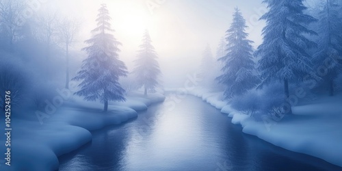 Scenic trees alongside a stream in a snowy landscape, Serene trees by a tranquil stream in a winter scene