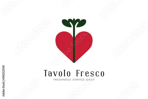 Minimalist Logo Design for Italian Restaurant – Large Red Heart with Green Stem and Leaves, Surrounded by Cursive Text 'Tavolo Fresco' on a White Background for Elegant Branding