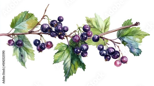 Black currant branch with leaves Watercolor illustration Isolated on a white background Food ingredient culinary use natural remedy Suitable for tea packaging design and wrapping paper