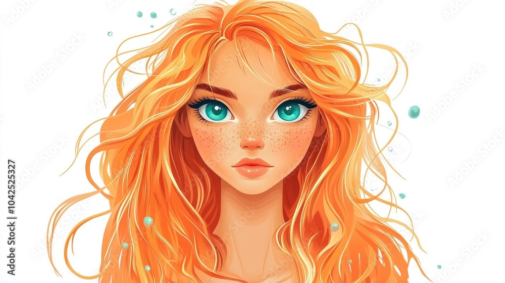 Illustration of a lovely mermaid girl featuring captivating eyes set against a white background Flat style 2D cartoon artwork Illustration of a lovely mermaid girl featuring captivating eyes set against a white background Flat style 2D cartoon artwork