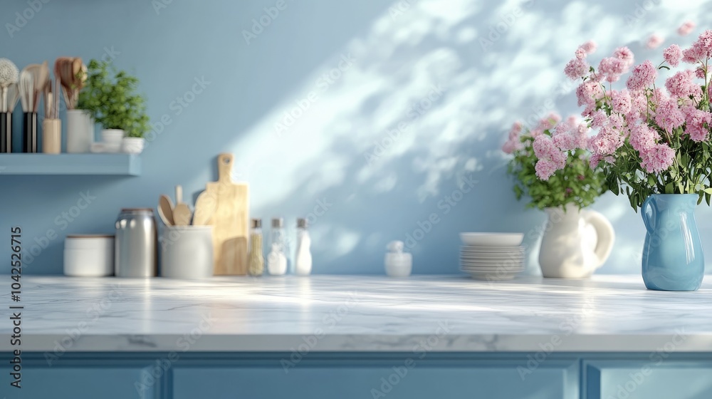 3D rendering of an empty marble countertop in a Scandinavian style kitchen featuring blue furniture a cupboard with tableware and fresh flowers in vases showcasing a minimalistic bright interior 3D rendering of an empty marble countertop in a Scandinavian style kitchen featuring blue furniture a cupboard with tableware and fresh flowers in vases showcasing a minimalistic bright interior