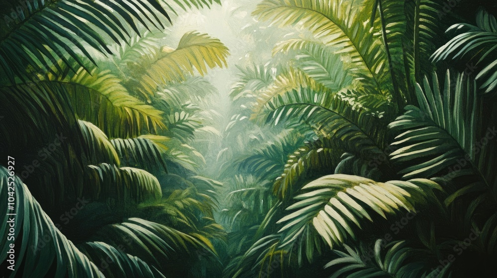 Oil painting depicting lush green leaves in a tropical forest serving as a concept for nature themed illustrations Oil painting depicting lush green leaves in a tropical forest serving as a concept for nature themed illustrations
