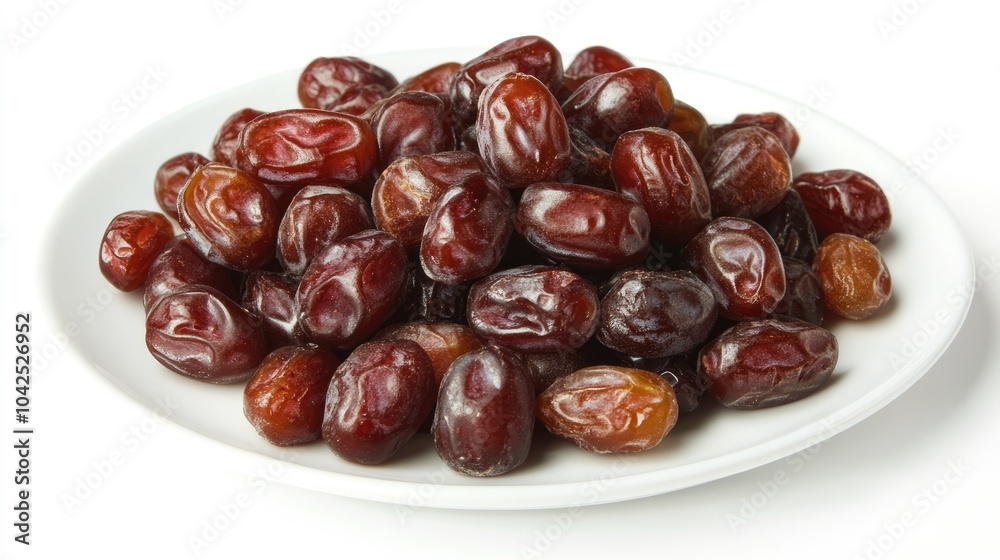 Dates arranged on a white plate set against a clean white backdrop