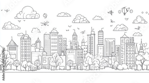 City life line art cultural doodle design illustration elements