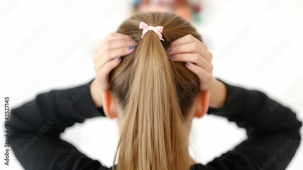 Fototapeta premium Young Woman Styling Hair with Bow Accessory