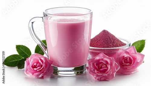 Rose Milk on white background isolated. Beverage. Drink.