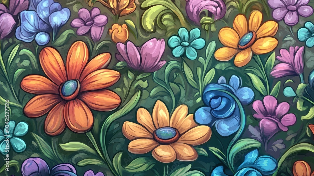 Seamless 2D cartoon design featuring whimsical floral elements Seamless 2D cartoon design featuring whimsical floral elements