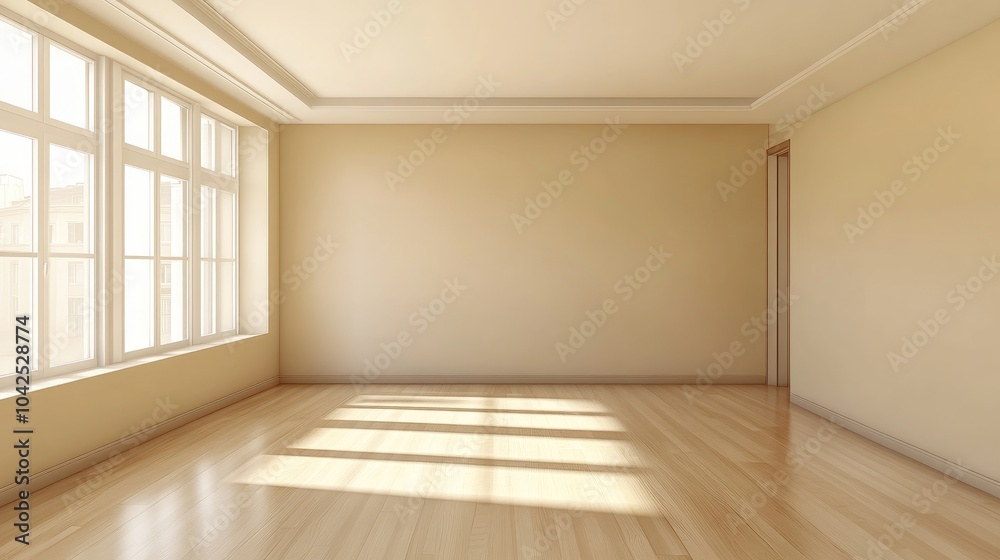 Obraz premium 3D rendering of a modern apartment interior featuring an empty living room with beige walls and panoramic design