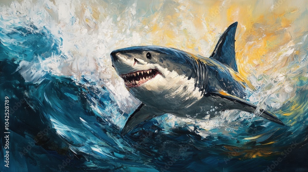 Naklejka premium Oil painting of a powerful great white shark capturing its majestic presence in a vivid artistic style