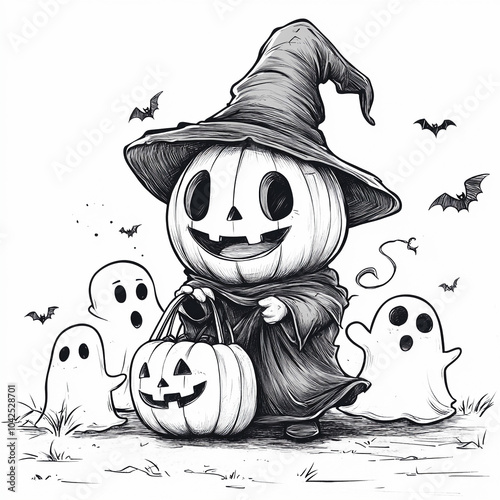 halloween pumpkin with hat and ghosts kids coloring book page photo