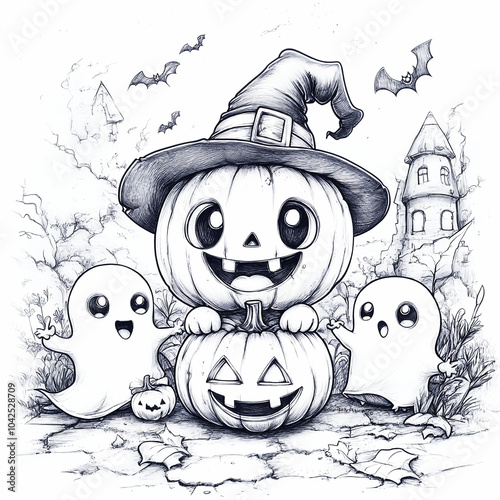 halloween pumpkin with a ghost coloring book page photo