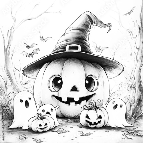 halloween pumpkin and ghosts coloring book page photo