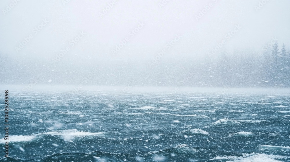 Naklejka premium Dramatic Snowstorm View Over Choppy Waters