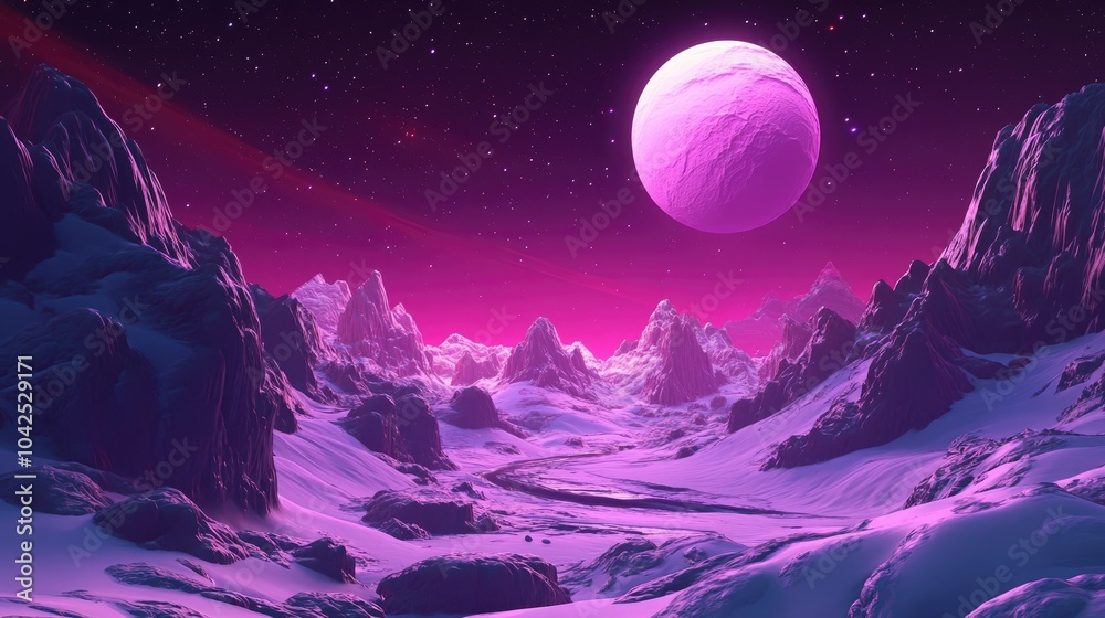 Fototapeta premium Science fiction illustration featuring a 3D cartoon rendering of an alien planet landscape with a stunning spatial backdrop