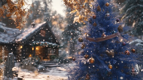 A blue Christmas tree decorated with ornaments stands in a snowy forest, with a cozy cabin in the background.