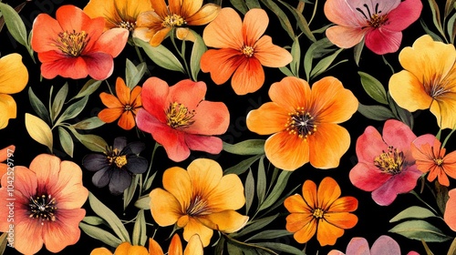 Fototapeta Naklejka Na Ścianę i Meble -  Floral pattern featuring watercolor flowers on a black background