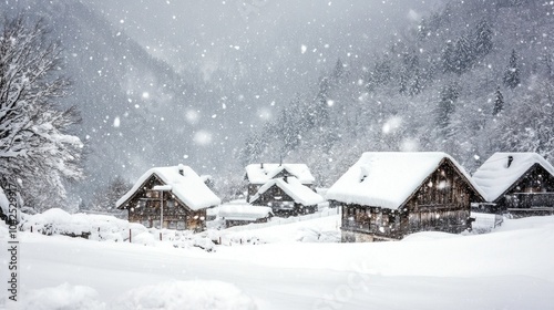 Snowy Village in Heavy Snowstorm on Mountain Landscape