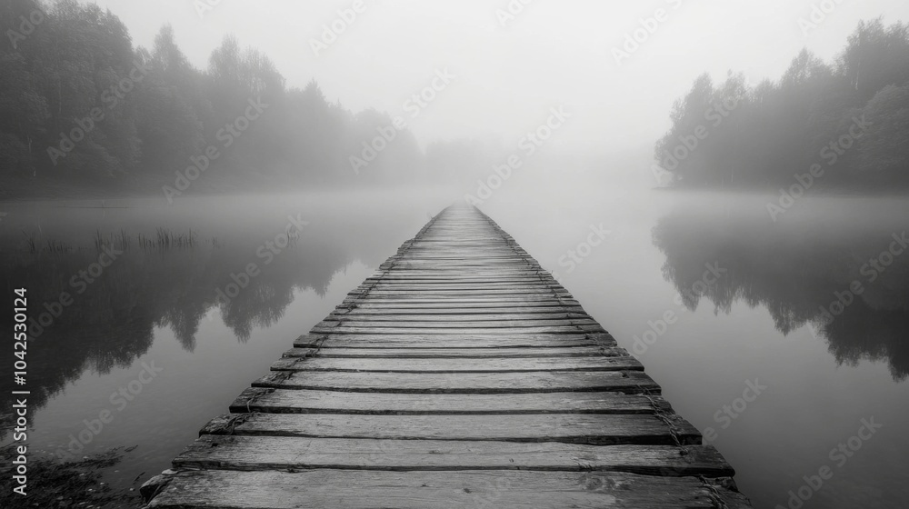 Wooden Dock Extending into a Misty Lake Surrounded by Trees
