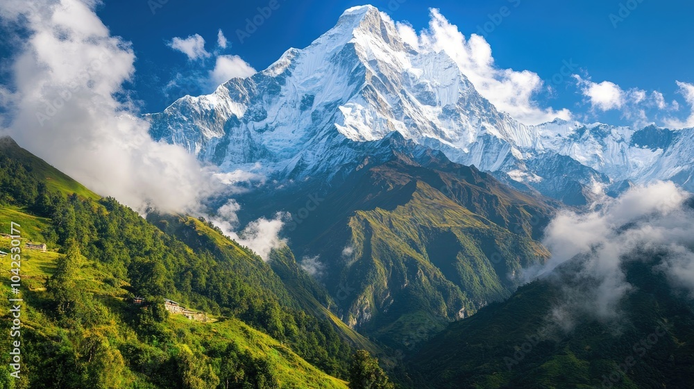 Fototapeta premium Majestic mountain range showcasing breathtaking peaks and lush landscapes
