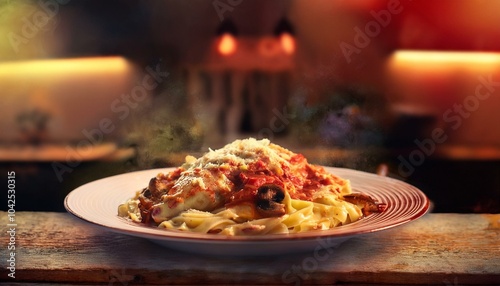 Cheesy chicken parmesan with angel hair pasta, mushrooms, red peppers, in a modern kitchen setting.