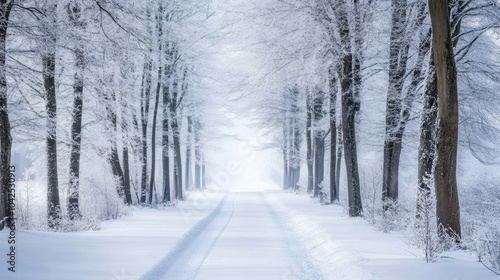 Serene Snow-Covered Forest Pathway with Tall Trees