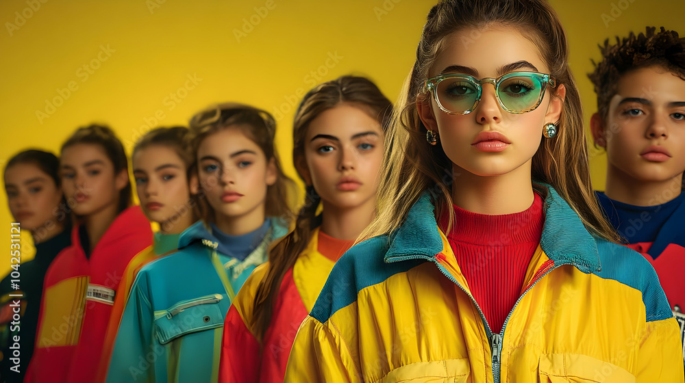 A group of stylish young models in colorful outfits against a bright background. A group of stylish young models in colorful outfits against a bright background.