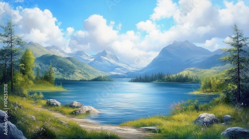 Oil painting depicting a scenic water reservoir surrounded by stunning natural landscapes