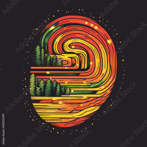 Abstract vector illustration of a vibrant fingerprint with a winding forest landscape in glowing orange, yellow, and green hues, blending nature and identity in a surreal style