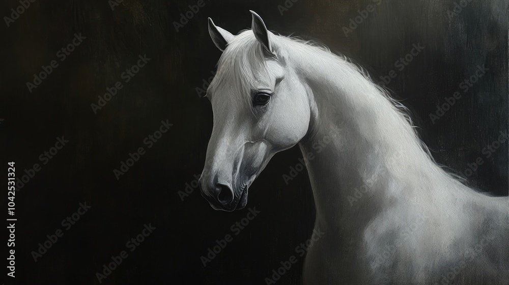 Obraz premium Oil painting showcasing a black shot portrait of a white horse against a dark background featuring a striking black portrayal of the animal