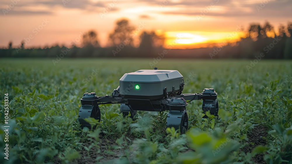 Fototapeta premium A robotic device in a field during sunset, likely for agriculture.