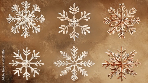 Raster illustration of isolated brown snowflakes Elegant winter decoration Watercolor snowflakes set against a brown background